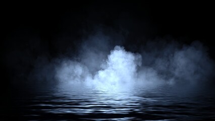 Mystery blue coastal fog . Smoke on the shore . Reflection in water. Texture overlays background. Stock illustration