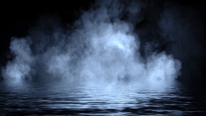 Mystery blue coastal fog . Smoke on the shore . Reflection in water. Texture overlays background. Stock illustration