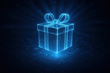 digital holographic gift box rotating in a blue-black cyber grid environment