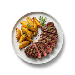 A plate of rare grilled steak and potatoes isolated on white