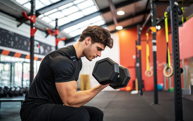 young man lifting weights in gym