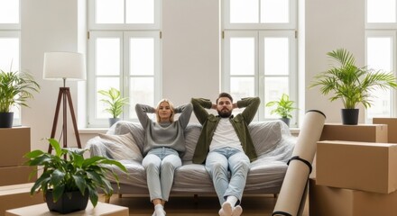 Relaxed Couple on Plastic-Wrapped Sofa in New Home Surrounded by Moving Boxes