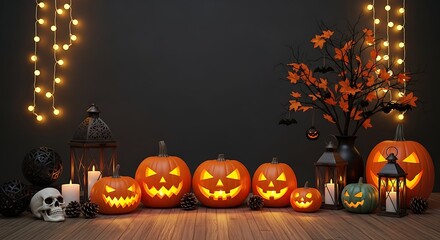 Fototapeta premium Carved pumpkins and Halloween decorations illuminate a dark backdrop, creating a festive autumnal scene.