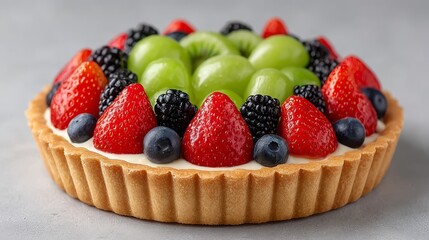 Creating a fresh and organic colorful fruit tart on a simple white background for health-conscious food lovers