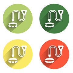 Set Collar with name tag icon isolated with long shadow background. Simple supplies for domestic animal. Cat and dog care. Pet chains. Color circle button. Vector