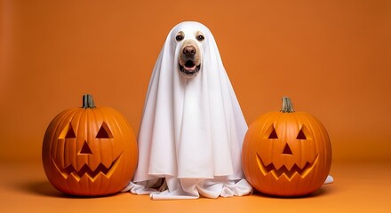 A dog dressed as a ghost sits between two carved pumpkins against an orange background.