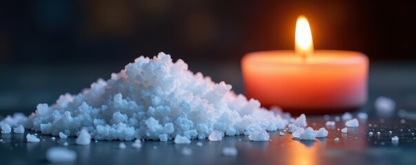 Close-up of sea salt crystals near a brightly burning candle Bokeh background , religion, light