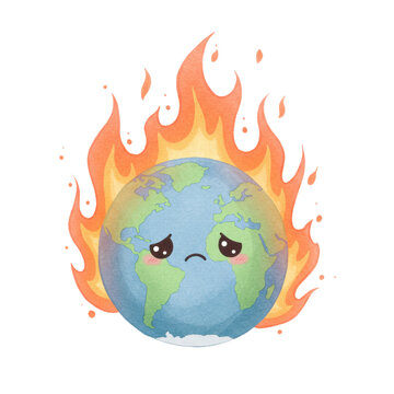 A sad, cartoon Earth engulfed in flames, symbolizing climate change and environmental crisis. isolated on a transparent background, png, cutout
