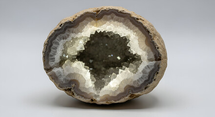 A close-up view of a sliced geode revealing internal crystal formations.
