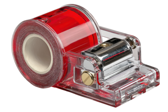 Red Tape Dispenser Stationery Office Supply Tool Transparent Plastic Isolated Black Background