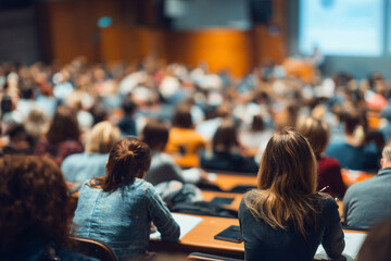 Fototapeta premium Students engage attentively in a university lecture filled with insights on education strategies and innovative learning practices