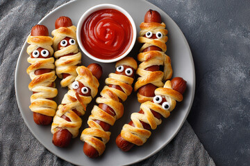 Fun hot dog mummies wrapped in pastry sit on a plate with a bowl of ketchup, perfect for a Halloween-themed celebration at home