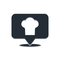 Black Chef hat with location icon isolated on white background. Cooking symbol. Cooks hat. Vector