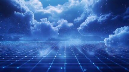 Futuristic digital grid landscape under a cloudy night sky.