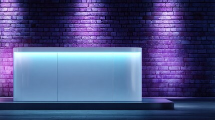 Modern display cabinet against a brick wall with spotlights.