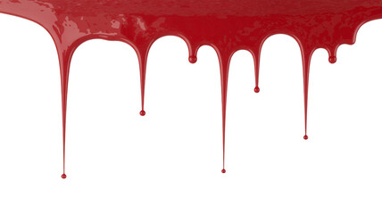 Viscous red liquid dripping downward against a transparent background