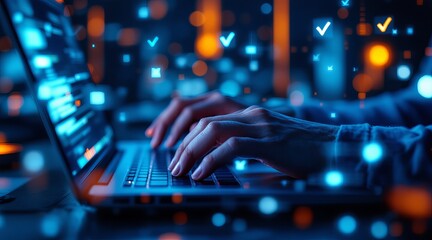 A person is typing on a laptop with holographic check marks floating around the screen