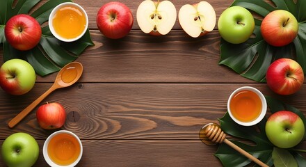 Fresh apples and honey on a rustic wooden table for rosh hashanah.