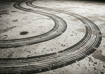 Abstract image showcasing tire tracks on a concrete surface, creating a visual representation of movement, journey, and the essence captured in '20.jpg'.