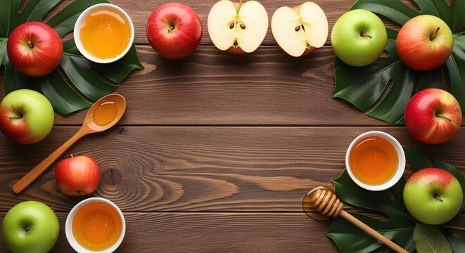Fresh apples and honey on a rustic wooden table for rosh hashanah.