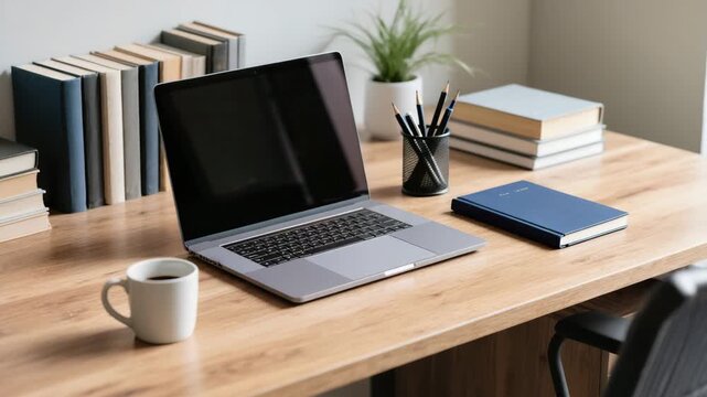 Neat desktop setup with closed laptop, coffee mug, books, plant, and pens arranged on wooden table. Cozy and organized workspace. Minimalist interior style.