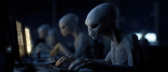 Alien signal decryption laboratory: extraterrestrial scientists analyzing data in futuristic setting