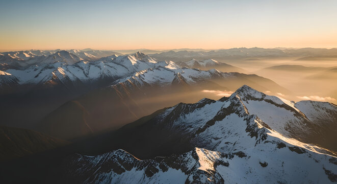 An aerial view of a majestic snow-capped mountain range with foggy valleys at golden hour