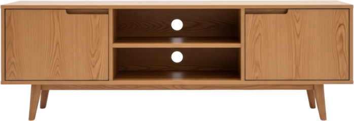 Modern wooden TV stand with two doors and open shelving isolated on black transparent background