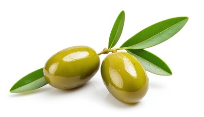  On a white background, two juicy green olives on a branch with elongated dark green leaves. Their glossy surface creates a striking contrast.