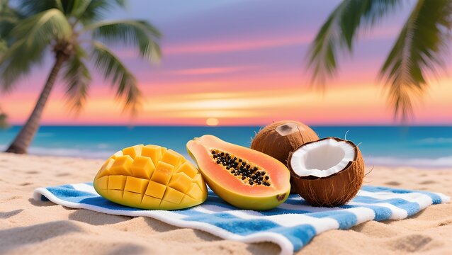 Tropical fruits on striped towel with sunset beach and palm trees