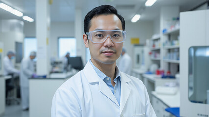 A focused researcher in lab coat and glasses writing notes in laboratory in photo-realistic style