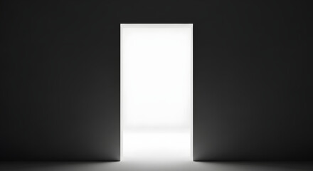 A bright white light shines through a narrow open doorway in a dark, minimalist setting, creating contrast.