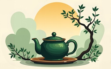 Chinese Green Tea Shop or Club Label Sign Creative Vector Concept. Oriental Traditional Ceremony Teapot Logo Illustration. High quality