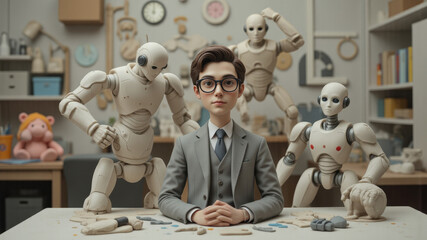 A technical robotics specialist in suit seated before humanoid robots in clay style with inventive workshop background