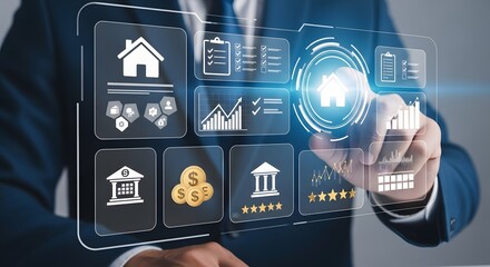 Businessman interacting with a futuristic financial technology interface displaying banking and real estate icons.
