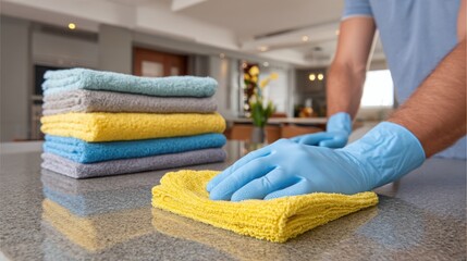 A person wearing blue gloves cleans a countertop with a yellow microfiber cloth, with a neatly stacked pile of colorful towels nearby.