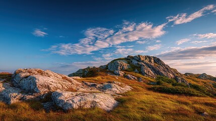 A sunlit, rocky mountain peak rises against a vibrant blue sky scattered with fluffy white clouds; golden-hued grasses and shrubs cover the foreground's rocky terrain