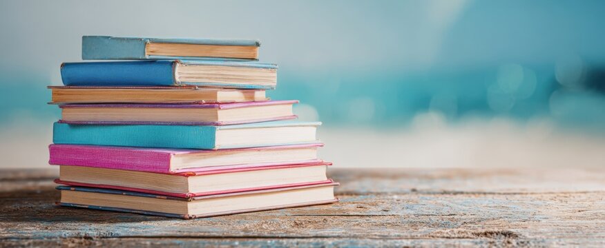 The vibrant stack of books on a rustic wooden table.