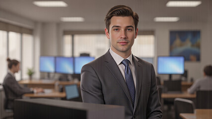Fototapeta premium A poised investment banker in tailored pinstripe suit on trading floor in photo-realistic environment with financial screens