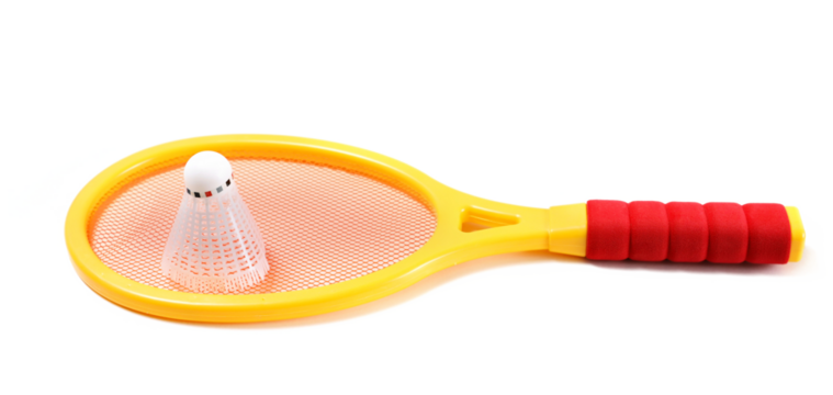 Badminton set made of plastic for children, isolated on white background. Toy racket 
