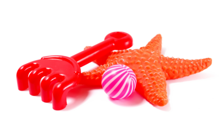 Set plastic garden toy for kids, striped ball, starfish and rake isolated on white background, sandbox	