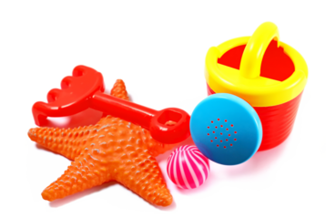 Set plastic garden toy for kids, watering can, starfish, shovel and rake isolated on white background, sandbox	