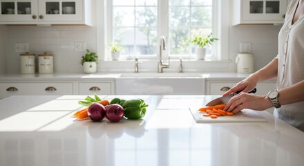 Woman chopping fresh vegetables in kitchen