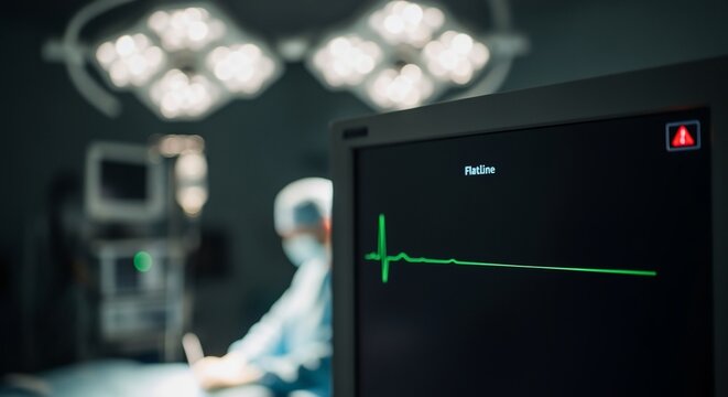 Flatline on Monitor in Operating Room with Surgeon in Background - Powered by Adobe
