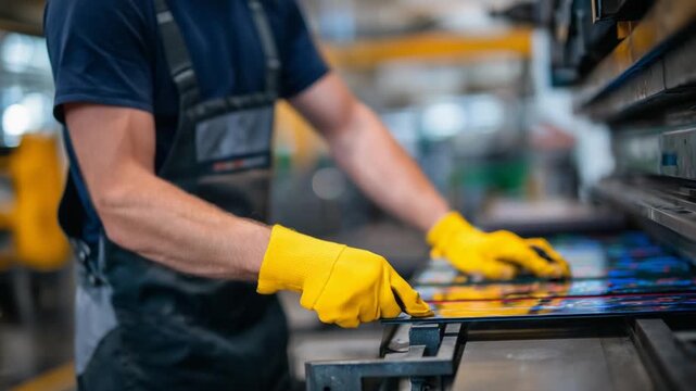 A worker skillfully operates a bending press, with vibrant yellow gloves contrasting against the gleaming steel and reflective factory lights.
