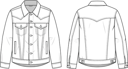 Denim jacket front and back view, buttoned pockets, classic collar, long sleeves, fashion flat sketch, outerwear template, vector drawing