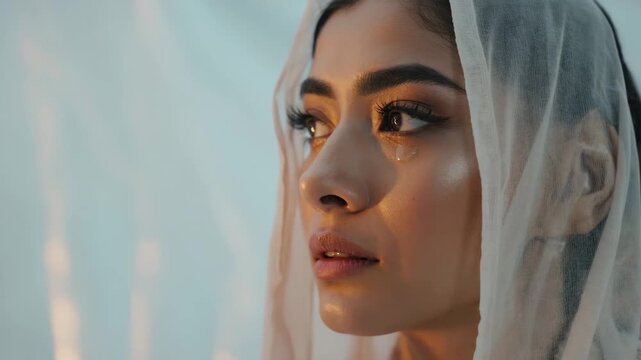An emotional and cinematic close-up of a beautiful young woman with tear-filled eyes, with a single tear rolling down her cheek