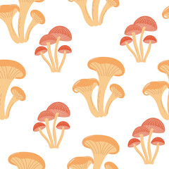 A square repeat flat design featuring isolated fall mushrooms on a white background. Flat cartoon style