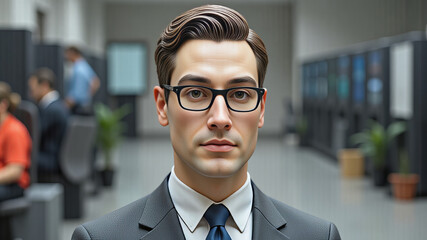 Fototapeta premium A poised investment banker in charcoal suit standing on trading floor with ticker monitors in photo-realistic finance environment