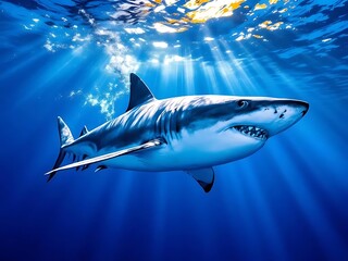 Obraz premium Great white shark swimming in clear blue ocean water. Ideal for marine wildlife articles, environmental awareness, and ocean conservation campaigns